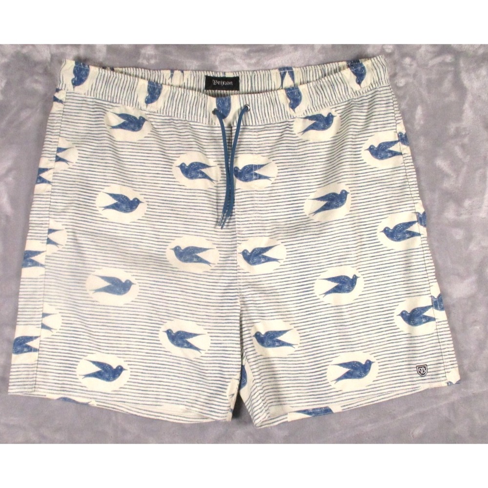 Brixton Men's‎ Unlined Board Swim Shorts Blue White All over Bird Print Size XXL